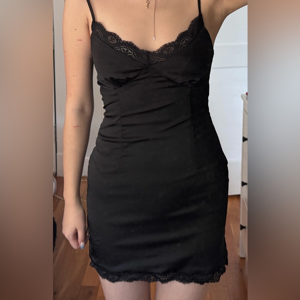 Black Satin Mini Dress with Lace Trim